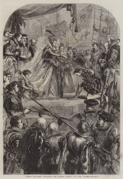 Queen Elizabeth knighting Sir Francis Drake by John Gilbert